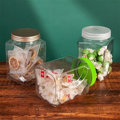 Recipiente quadrado de plástico com tampas de metal