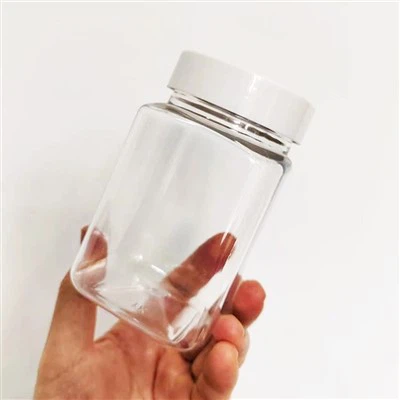 Frascos quadrados de plástico de 350 ml com tampas brancas
